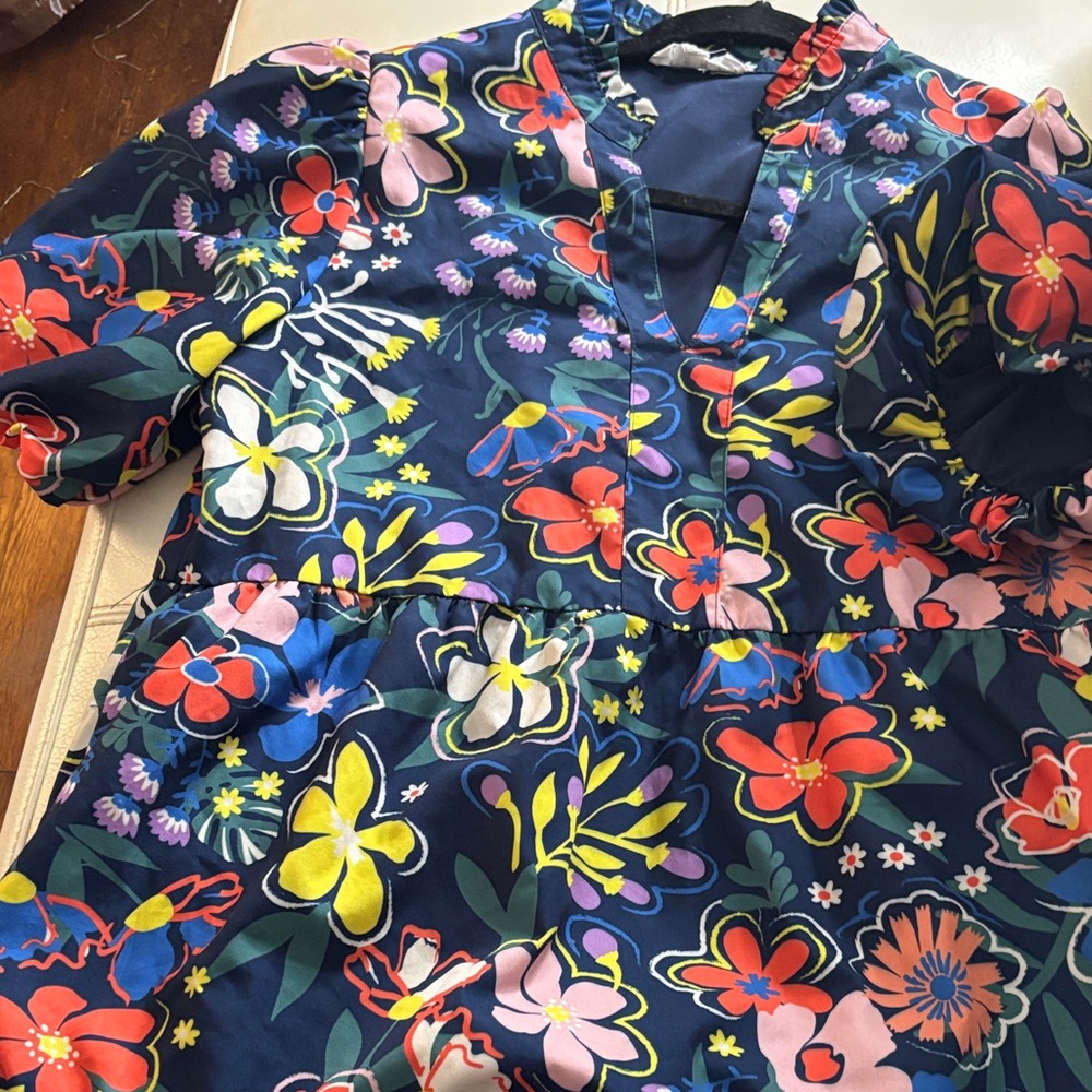 THML Navy Floral V-Neck Dress with Multicolor Blooms